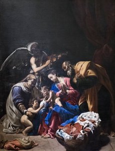Hellig familie med Saint Elizabeth, Saint John the Baptist og en engel af Orazio Borgianni