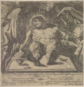 Klagesang over Kristi legeme af de tre Marias, en krukke med salve på bordet til ..., 1615. af Orazio Borgianni