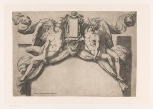 Design til en dørkarm med to genii, der holder cartouche op af Orazio de Santis (attributed to)