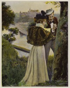 Par skærer deres initialer ind i barken på et træ (farve litho) af Oscar Bluhm