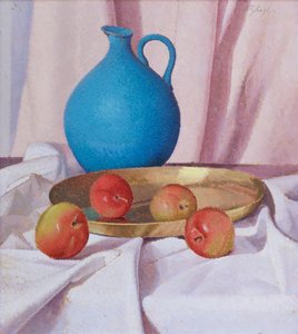 Komposition med æbler og kande, ca. 1940-41 (olie på karton) af Oscar Ghiglia