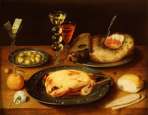 Steg kylling, skinke og oliven på en tintallerken (olie på panel) af Osias the Elder Beert