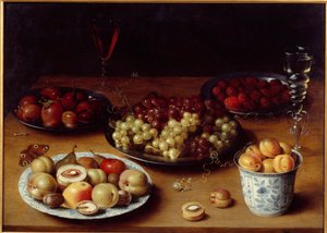 Stilleben af frugt og glas Et bord dækket med blommer, abrikoser, ferskner, pærer, vindruer, hindbær og et glas rødvin. Maleri af Osias Beert I ou l