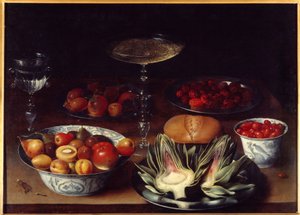 Stilleben med artiskokker Et bord dækket med artiskokker, kirsebær, abrikoser, ferskner, pærer, hindbær. Maleri af Osias Beert I ou l