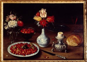 Stilleben med blomstervase Buketter af tulipaner og nelliker med kirsebær, vilde jordbær, kogt æg (æggekop) og brød. Maleri af Osias Beert I ou l