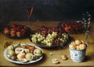 Stilleben med frugt og glas, af Osias Beert (1580-1624), olie på træ af Osias the Elder Beert