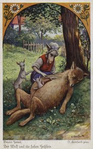 Scene fra "Ulven og de syv unge drenge" af brødrene Grimm af Oskar Herrfurth