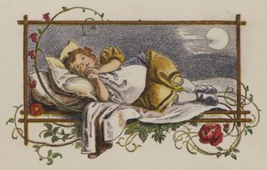 Lille pige sover i sin seng om natten (farve litho)