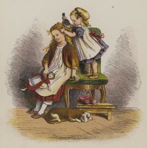 Lille pige børster sin søsters hår (farve litho)