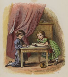 To børn læser bøger (farve litho)