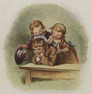 To små piger forsøger at muntre en gnaven dreng op (farve litho) af Oskar Pletsch