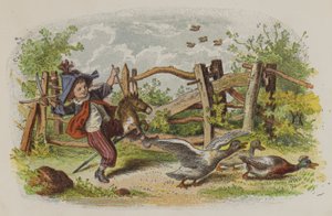 Ung dreng leger på sin hobbyhest og skræmmer en gruppe gæs (farve litho) af Oskar Pletsch
