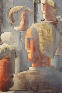 Gruppe af fire hoveder gråblå, Folkwang-studie III; Fire gruppe af hoveder grå-blå, Folkwang Study III af Oskar Schlemmer