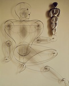 Homo, trådfigur med figur bagfra i hånden af Oskar Schlemmer