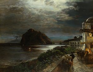 Det Aragonese Slot Ischia (olie på lærred) af Oswald Achenbach