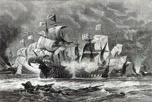 The Vanguard, under Sir William Winter, engagerer den spanske armada, fra 