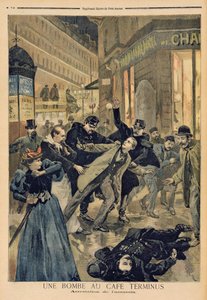 En bombe på Café Terminus, anholdelse af attentatmanden, illustration fra "Le Petit Journal", 26. februar 1894
