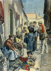 En familie af kludeplukkere i Paris i 1899 (kobberstik)
