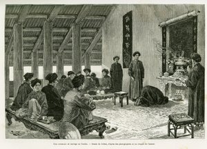 En bryllupsceremoni på Tonkin. Indgravering af Tofani, for at illustrere historien Trente mois au Tonkin, i 1884, af Dr. Paul Hocquard, i le tour du monde 1890, under ledelse af Edouard Charton (1807-1890), Hachette, Paris. af Oswaldo Tofani