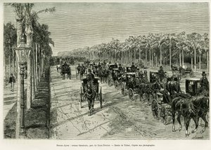 Buenos Aires, Sarmiento Avenue, Three February Park. Gravering af Tofani, for at illustrere historien Voyage a la Plata, i 1886, af Emile Daireaux, i le tour du monde 1888, instrueret af Edouard Charton (1807-1890), Hachette, Paris. af Oswaldo Tofani