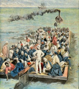 Indskibning på skibshospitalet af de sårede fra Madagaskar-ekspeditionen i 1896 (Kobberstik) af Oswaldo Tofani