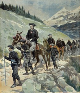 Felix Faure med alpejægere på en rejse til Alperne i 1897 (Kobberstik) af Oswaldo Tofani