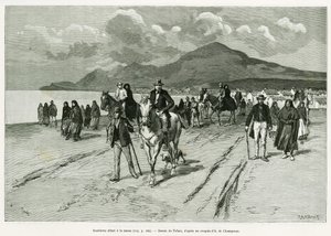 Øboere går til messe. Gravering af Tofani, for at illustrere historien Trois mois en Irlande, i 1889, af Marie anne de Bovet, i le tour du monde 1890, instrueret af Edouard Charton (1807-1890), Hachette, Paris. af Oswaldo Tofani
