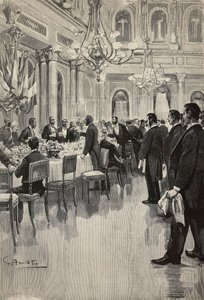 Italienske diplomater skåler sammen, Paris, Frankrig, gravering fra tegning af Gennaro Amato, fra skitse af Osvaldo Tofani, fra L