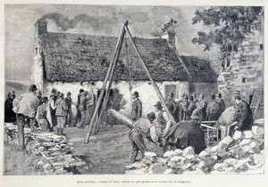 Mænd løber gennem en dør ved hjælp af et mavetræ for at bortvise beboeren fra boligen. Tegning af Tofani efter en skitse af O. de Champeaux (1800-tallet). af Oswaldo Tofani