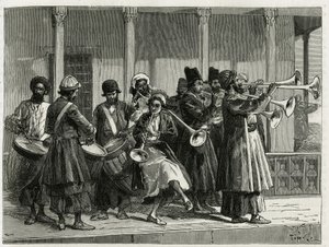 Musikere, der hilser solopgangen i Isfahan (eller Isfahan, Iran by). Gravering af Tofani, for at illustrere historien "" Persien, Kaldæa og Susiane"" af Oswaldo Tofani