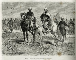 Spahis af ekspeditionens eskorte. Indgravering af Tofani, for at illustrere historien om udforskning i Haut Niger, af kommandør Gallieni, af marineinfanteriet, i 1880-1881, udgivet i Tour du monde under ledelse af Edouard Charton (1807-1890) af Oswaldo Tofani