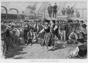 Emigranterne ombord. Gravering af Tofani for at illustrere historien Voyage a la Plata, tre måneders ferie af Emile Blaireaux i 1886, i tour du monde 1887, under ledelse af Edouard Charton (1807-1890), Hachette, Paris. af Oswaldo Tofani