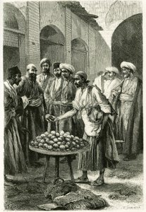 Fiskehandleren i Kachan (eller Kashan, i Teheran-provinsen, det nuværende Iran). Gravering af Tofani, fra et fotografi, for at illustrere historien "" Persia, Chaldee og Susiane"" i 1881-1882, af Jane Dieulafoy (nee Magre)