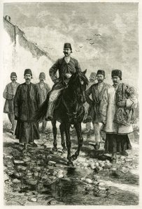 Guvernøren i Kachan (eller Kashan, i Teheran-provinsen, det nuværende Iran) rider på en sort hest, og hans suite er til fods. Gravering af Tofani, fra et fotografi, for at illustrere historien "" Persia, Chaldee og Susiane"" i 1881-1882, af Jane Dieulafoy  af Oswaldo Tofani