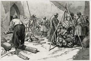 Vejningen af bagagen før Delafoy Brudeekspeditionens afgang. Gravering af Tofani, for at illustrere historien "" Persien, Kaldæa og Susiane"" af Oswaldo Tofani