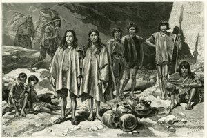 Typer af indianere fra Cordilleres i Ecuador, til venstre, i baggrunden, Yumbos af Nanegal, i forgrunden Lojanos, i midten et par Zaparos, til højre, Jivaros-krigere. Gravering af Tofani, baseret på dokumenter, for at illustrere historien af Oswaldo Tofani