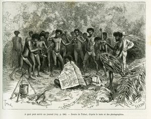 Hvad kan en avis bruges til? Gravering af Tofani, for at illustrere historien Chez les cannibales, Rejsen til det nordøstlige Australien af Oswaldo Tofani