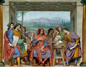 Laurent de Medici (1449-1492) (Laurent den Storslåede: Lorenzo il Magnifico) sidder i midten af florentinske kunstnere. Han beundrer en fauna af Michelangelo (Michelangelo, Michel Ange). Fresco af Ottavio Vannini (1585-1643). 1635 omtrent Sala