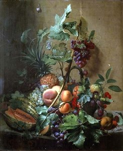 Stilleben af en melon, blommer, ferskner