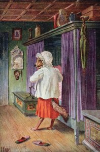 Postkort, der forestiller ulven forklædt som Rødhættes bedstemor (farve litho)