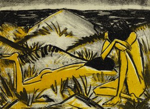 Dunes en sidder og pige liggende af Otto Mueller