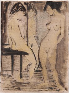 Tre kvindelige nøgenbilleder (akvarel, kridt på papir)