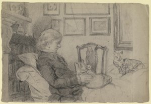 Luise Scholderer ved kaminen med mange katte