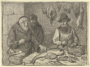Munk med en fiskehandler af Otto Scholderer