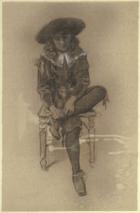 Siddende dreng i historisk dragt fra „Forberedelse til kostumeballet“ af Otto Scholderer