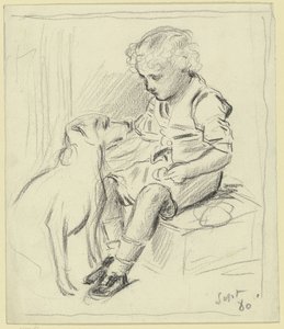 Siddende dreng med siddende hund