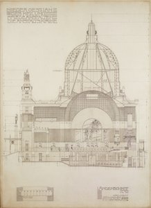 Lodret projektion af kirken i Steinhof, Wiens centrale hospital for psykisk syge ... af Otto Wagner
