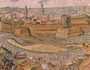flamsk gobelin. Serie triumfer og slag af ærkehertug Albert. Angreb og erobring af den forankrede slagmark Hulst (Asalto y toma del campo atrincherado de Hulst). Sjette gobelin i serien. Model Otto van Veen og Hans I Snellinck. Manufactur af Otto van Veen