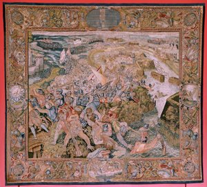 flamsk gobelin. Serie triumfer og slag af ærkehertug Albert. Slag i skyttegravene i Hulst (Combate en las trincheras de Hulst). Femte gobelin i serien. Model Otto van Veen og Hans I Snellinck. Fremstilling Martin Reynbouts, Bruselas. 1597-159 af Otto van Veen