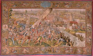 flamsk gobelin. Serie triumfer og slag af ærkehertug Albert. Overraskelse ved Calais (La sorpresa de Calais). Første gobelin i serien. Model Otto van Veen og Hans I Snellinck. Fremstilling Martin Reynbouts, Bruselas. 1597-1599. Stof Guld, sølv, si